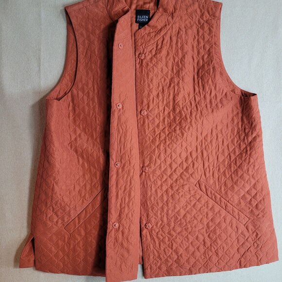 Eileen Fisher 100% Silk Vest Womens M Terracotta Quilted Snap Front Lightweight - Picture 7 of 13